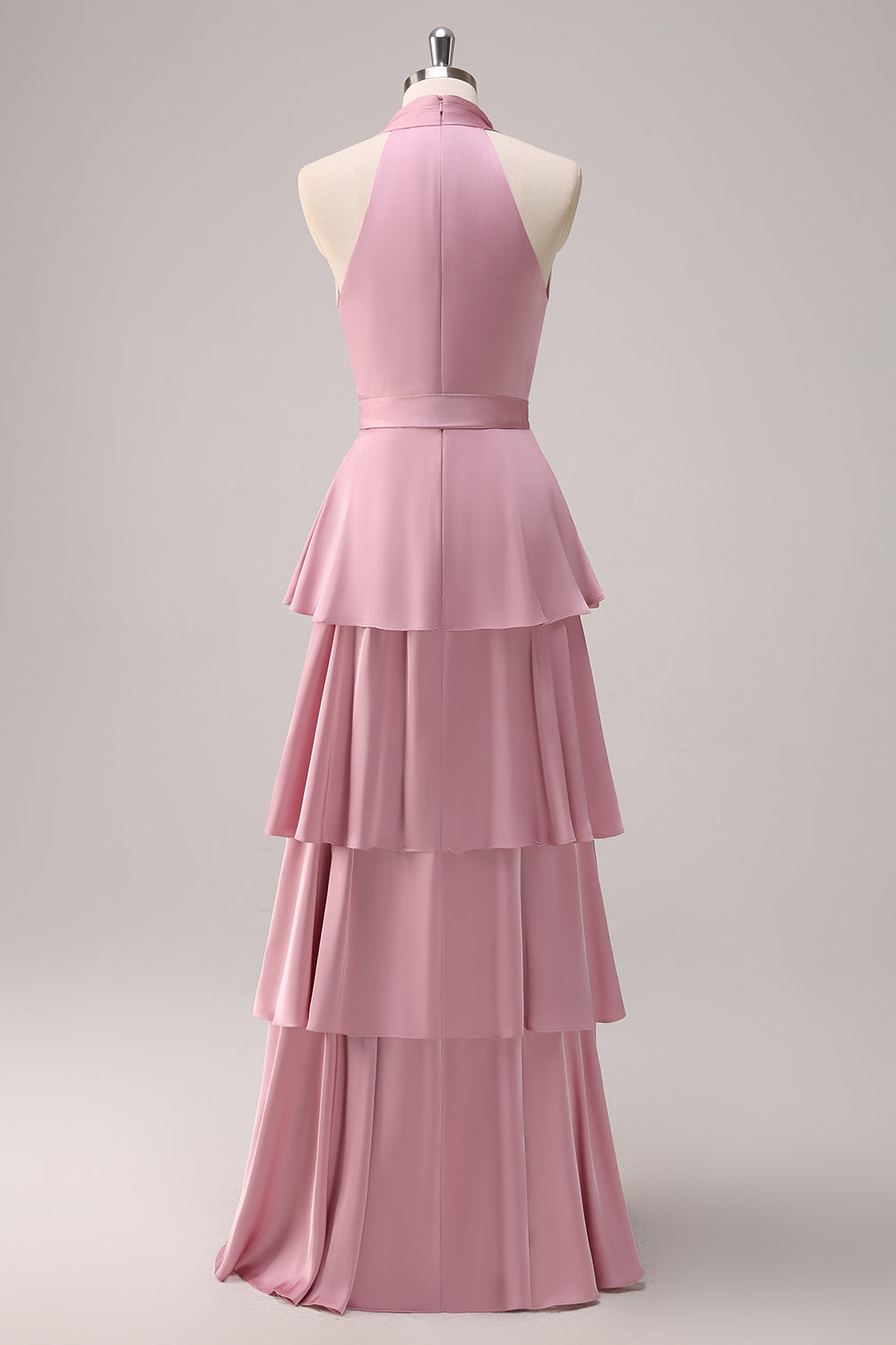 Pink A-Line V-Neck Tiered Ruched Satin Long Bridesmaid Dress with Ruffle Slit
