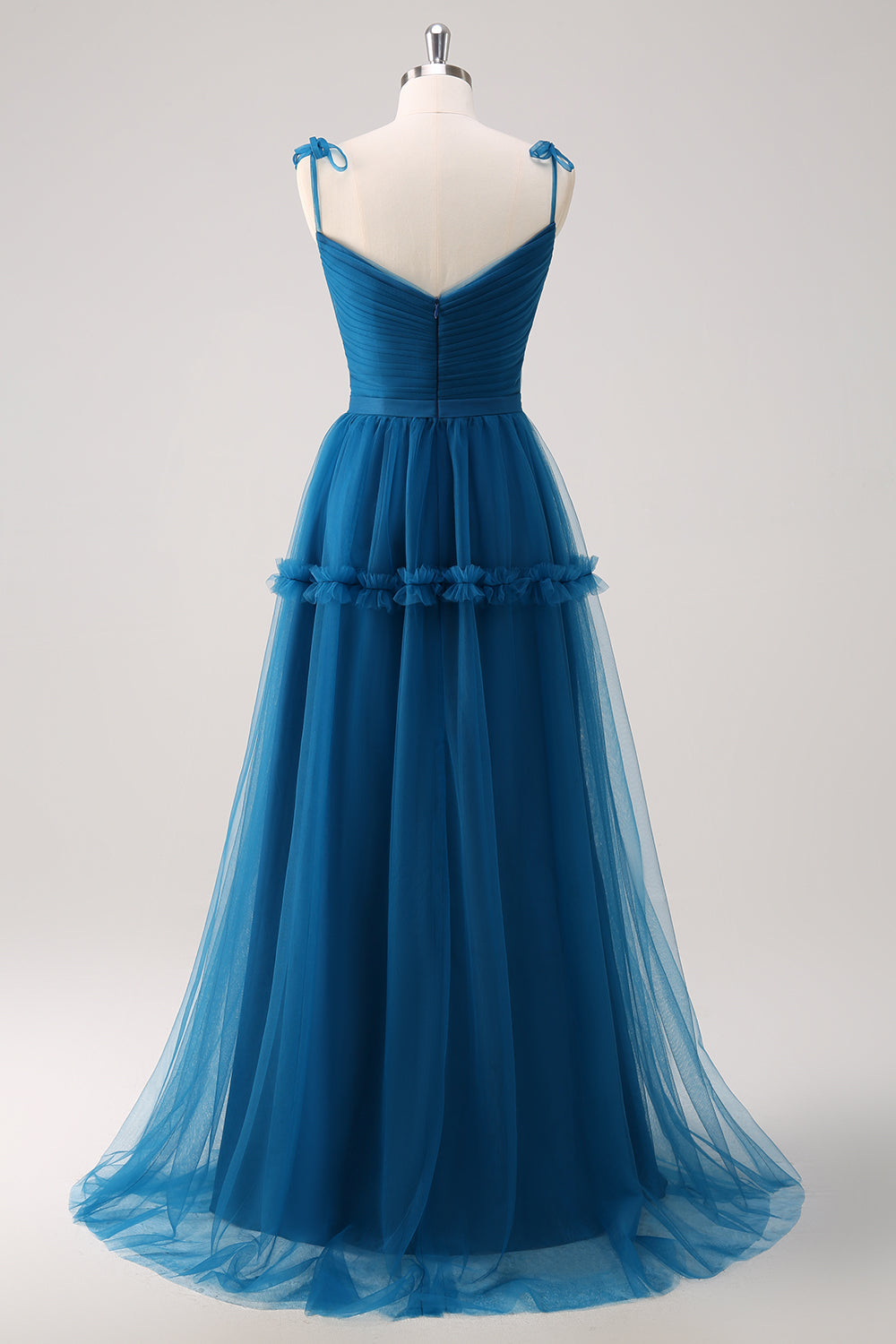 Dark Blue A-Line Spaghetti Straps Ruched Long Tulle Bridesmaid Dress