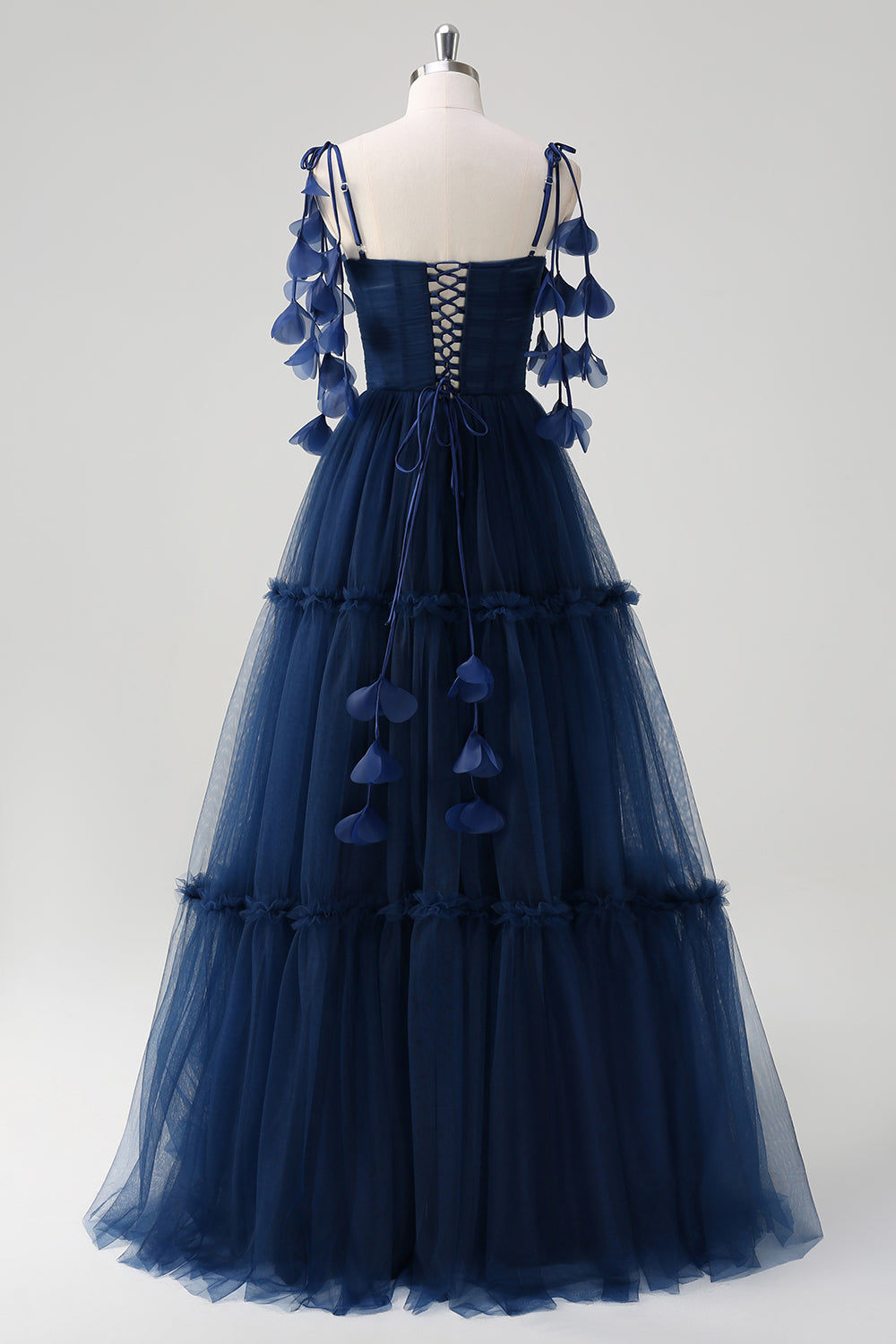 Navy A-Line Spaghetti Straps Flowers Corset Tulle Long Prom Dress