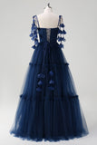 Navy A-Line Spaghetti Straps Flowers Corset Tulle Long Prom Dress