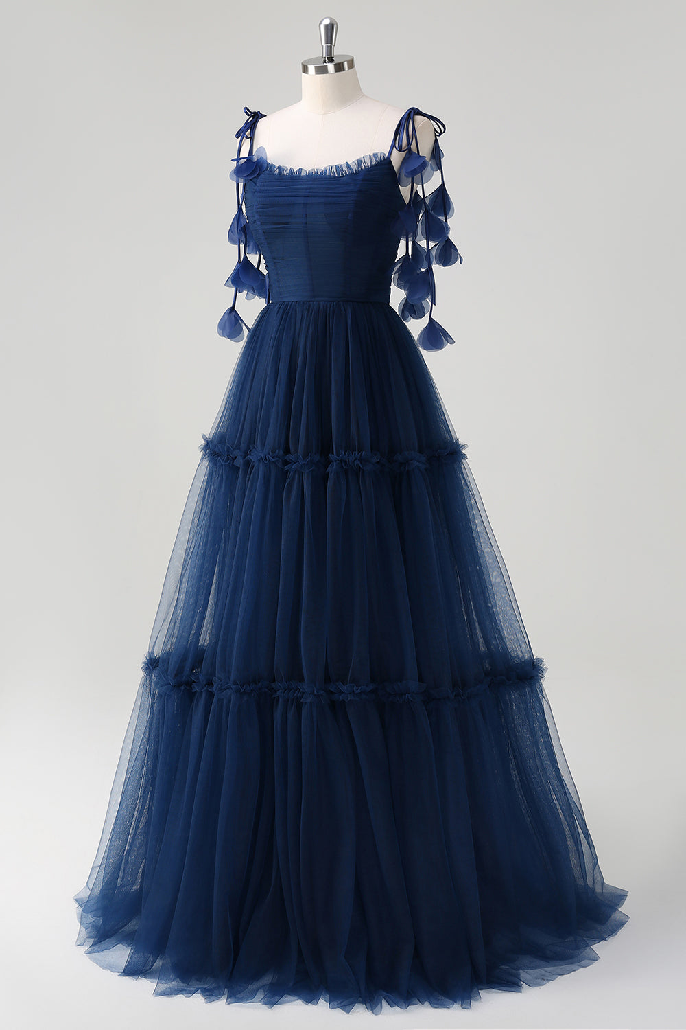 Navy A-Line Spaghetti Straps Flowers Corset Tulle Long Prom Dress