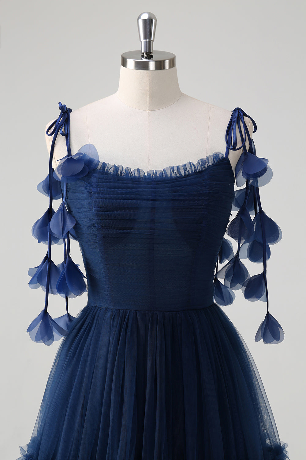 Navy A-Line Spaghetti Straps Flowers Corset Tulle Long Prom Dress