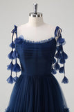 Navy A-Line Spaghetti Straps Flowers Corset Tulle Long Prom Dress