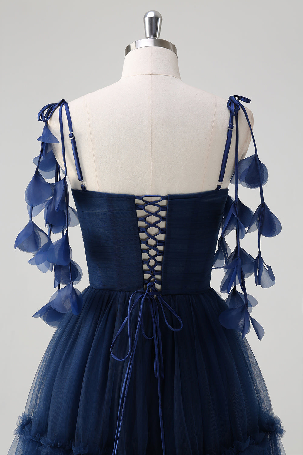 Navy A-Line Spaghetti Straps Flowers Corset Tulle Long Prom Dress