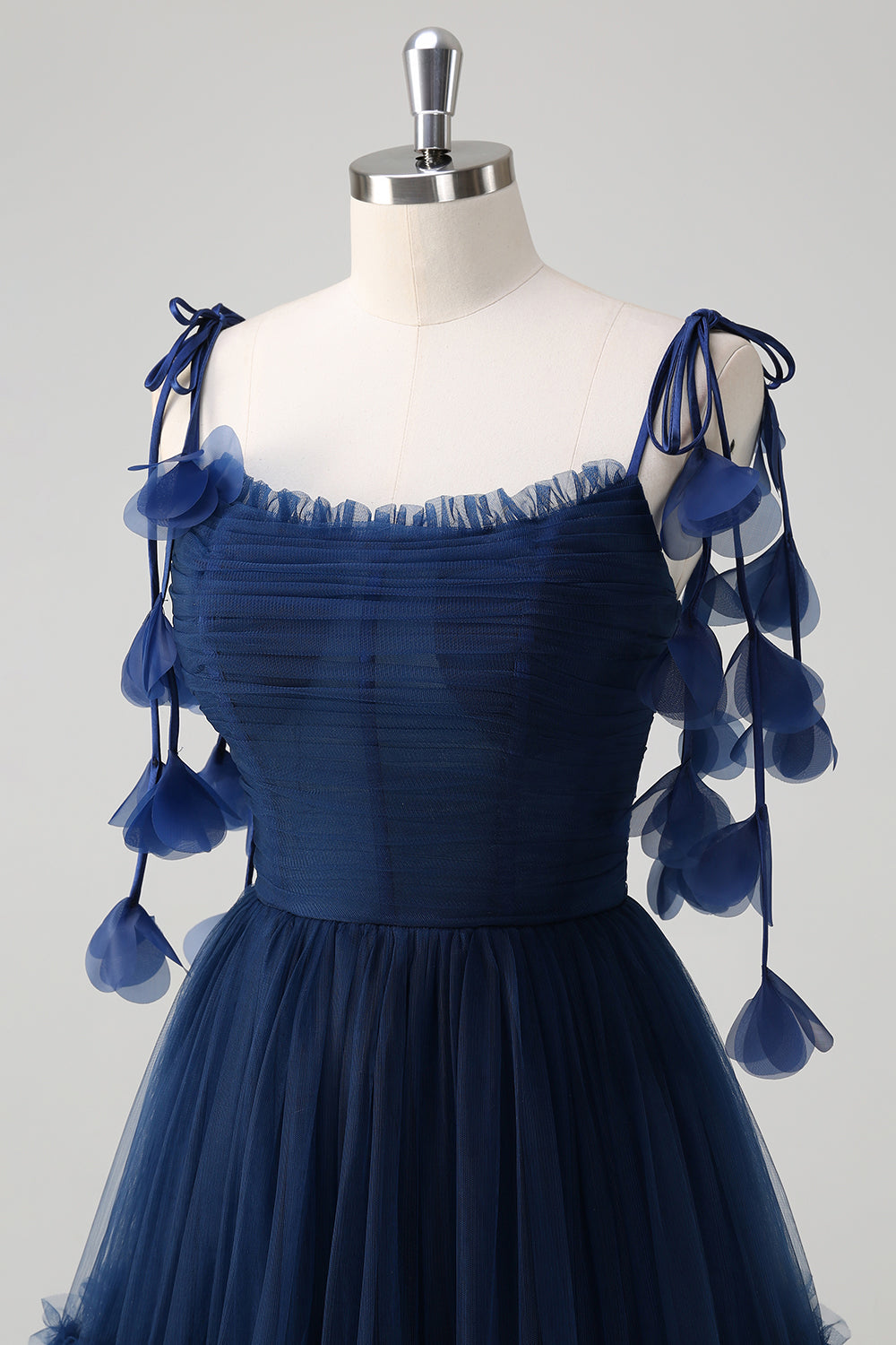 Navy A-Line Spaghetti Straps Flowers Corset Tulle Long Prom Dress