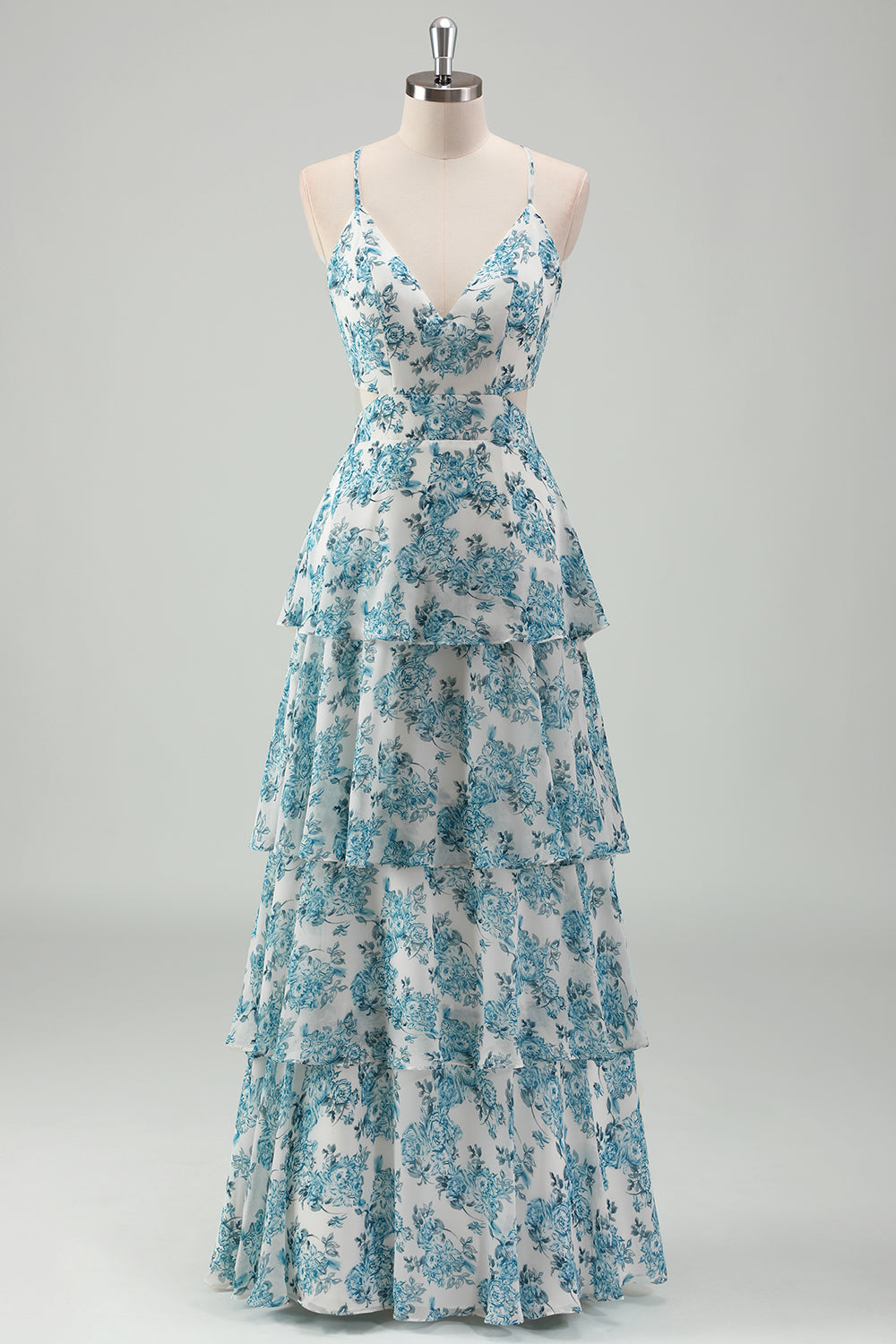 White Blue Flower A-Line Tiered Chiffon Maxi Dress