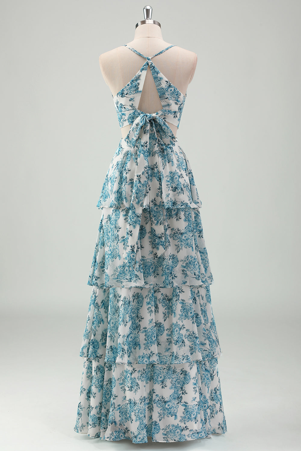 White Blue Flower A-Line Tiered Chiffon Maxi Dress