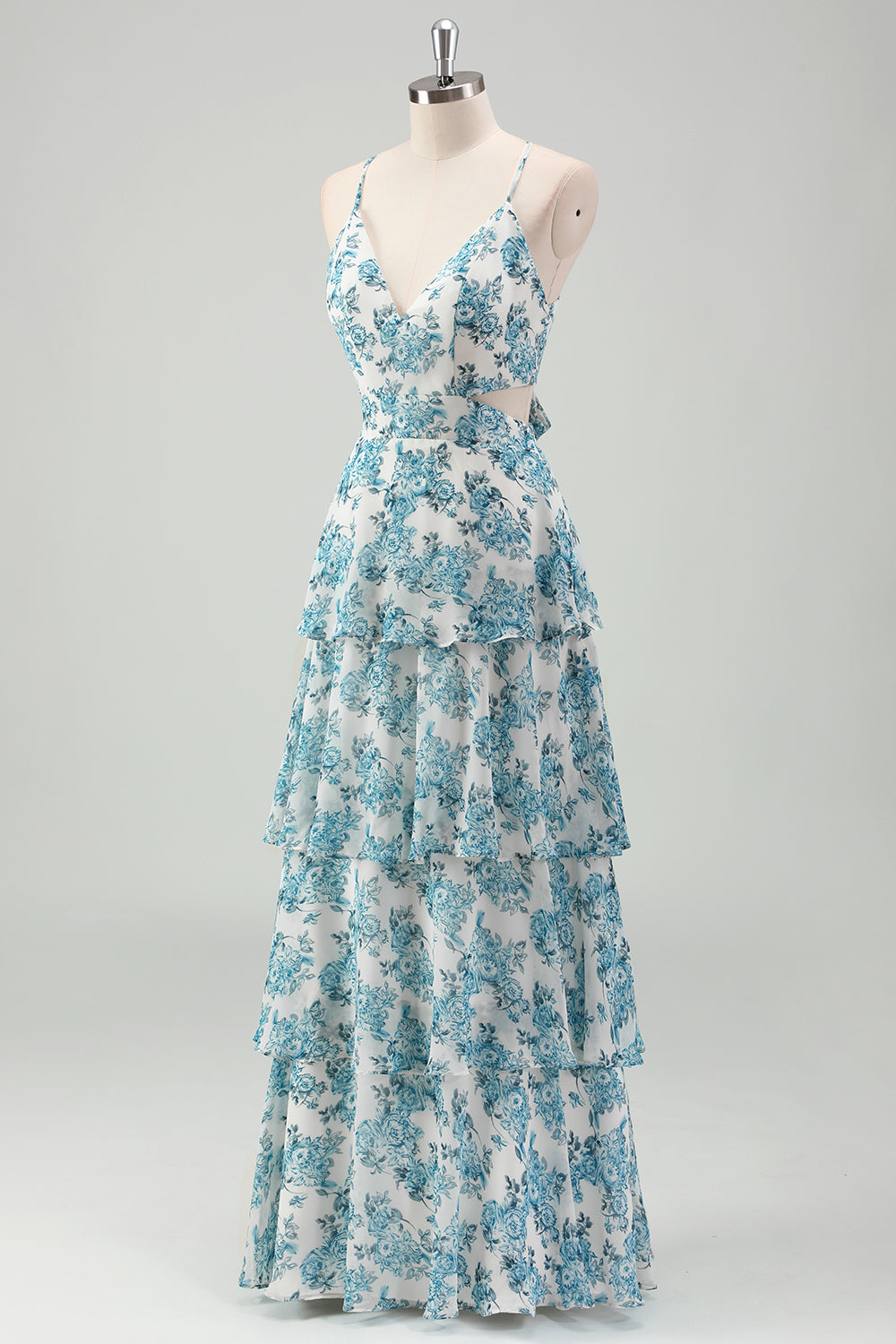 White Blue Flower A-Line Tiered Chiffon Maxi Dress