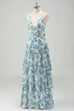 White Blue Flower A-Line Tiered Chiffon Maxi Dress