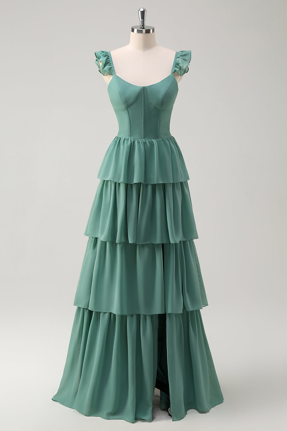 Eucalyptus A-Line Tiered Ruched Corset Long Bridesmaid Dress with Slit