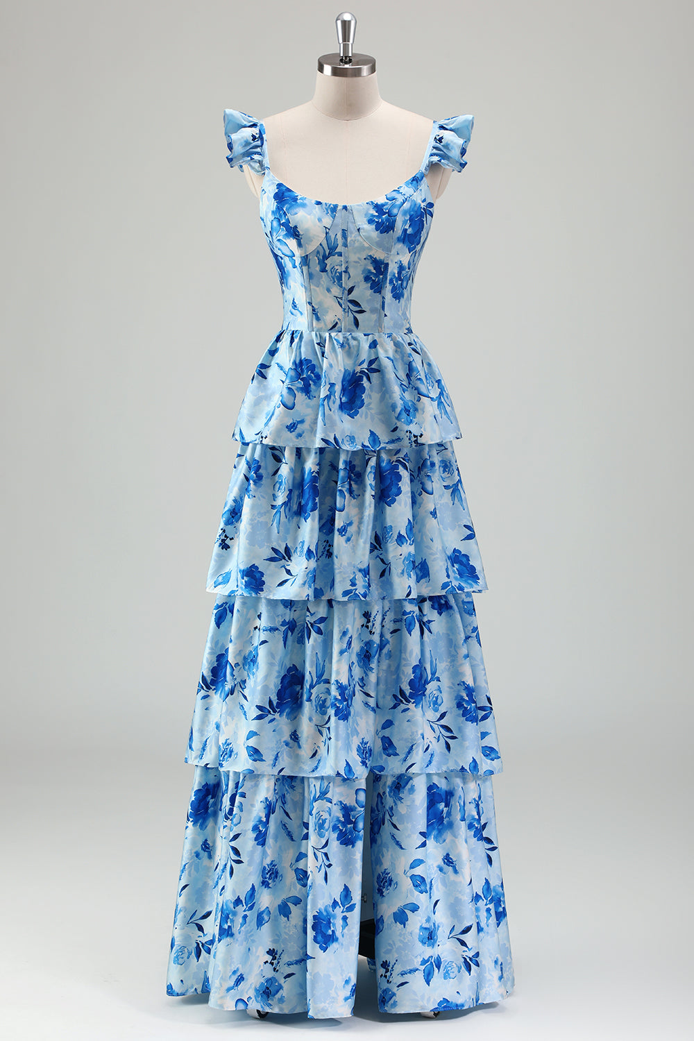 Blue Flower A-Line Corset Tiered Print Long Bridesmaid Dress with Ruffles