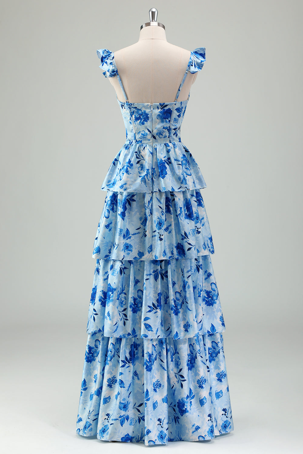 Blue Flower A-Line Corset Tiered Print Long Bridesmaid Dress with Ruffles