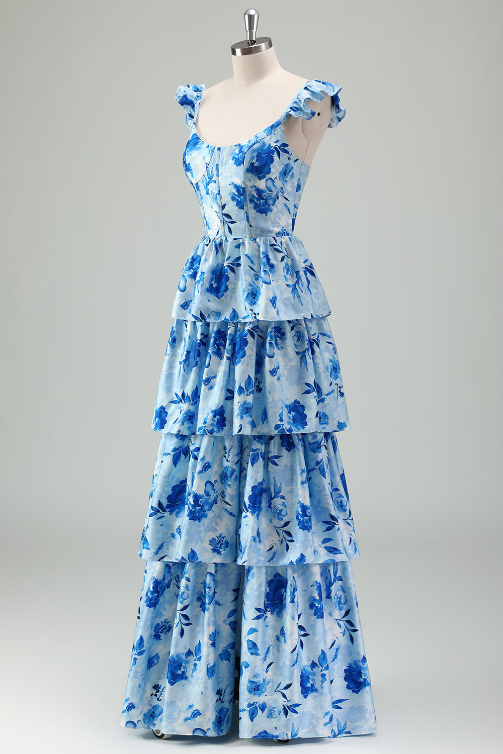Blue Floral A Line Corset Tiered Maxi Dress With Slit