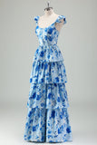 Blue Floral A Line Corset Tiered Maxi Dress With Slit