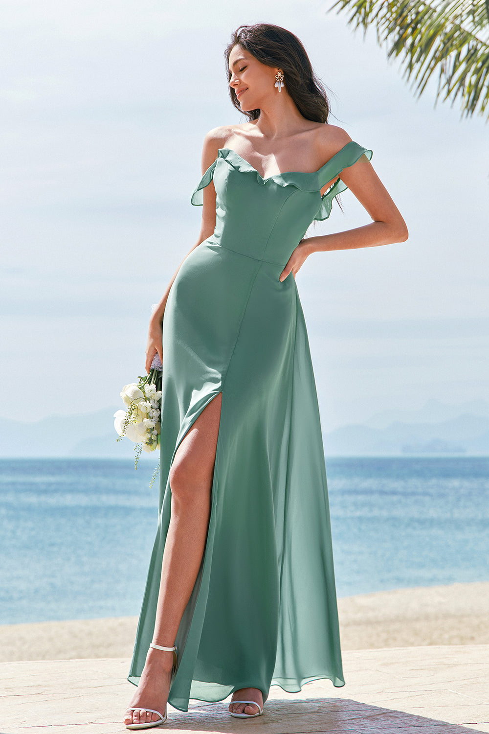 Eucalyptus A-Line Square Neck Backless Floor Length Bridesmaid Dress with Slit