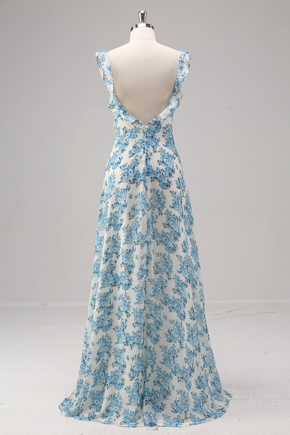 White Blue Flower A Line Square Neck Maxi Dress with Slit