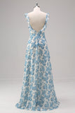 White Blue Flower A Line Square Neck Maxi Dress with Slit