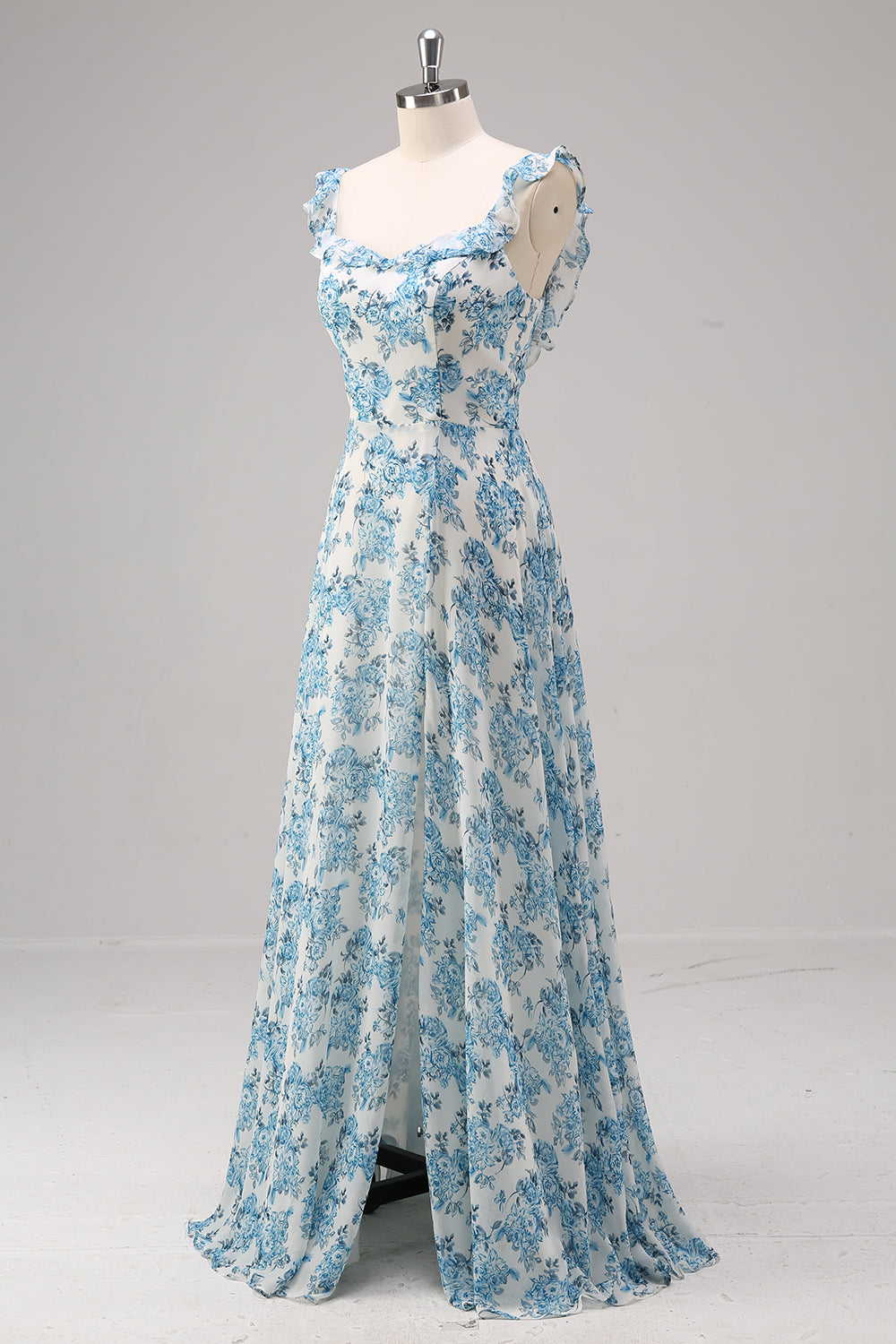 White Blue Flower A Line Square Neck Maxi Dress with Slit