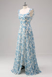 White Blue Flower A Line Square Neck Maxi Dress with Slit