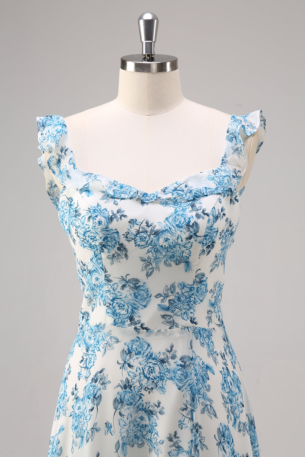 White Blue Flower A Line Square Neck Maxi Dress with Slit