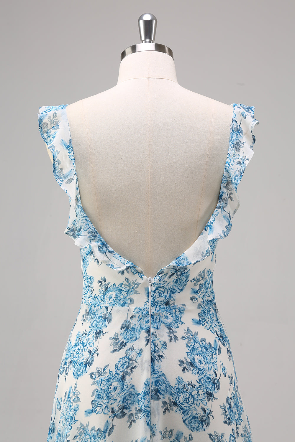 White Blue Flower A Line Square Neck Maxi Dress with Slit