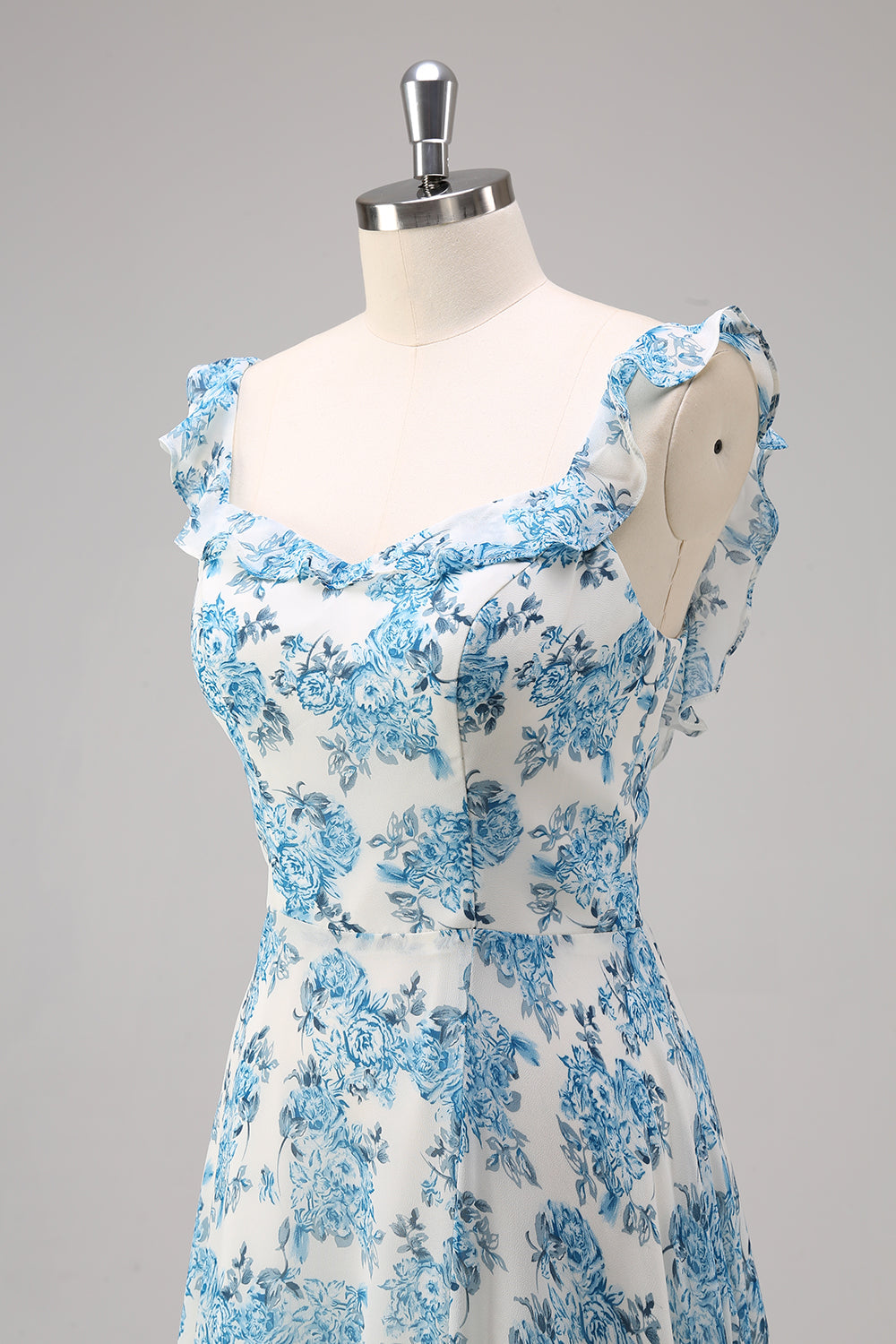 White Blue Flower A Line Square Neck Maxi Dress with Slit