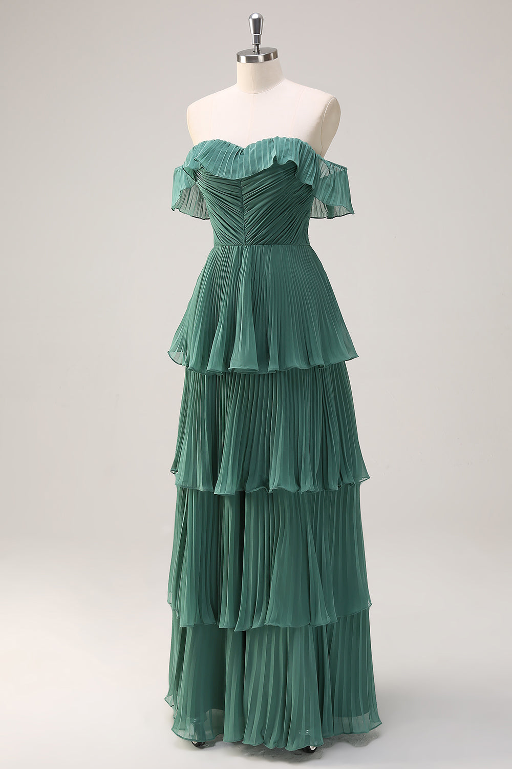 Eucalyptus A-Line Off The Shoulder Tiered Pleated Floor Length Bridesmaid Dress