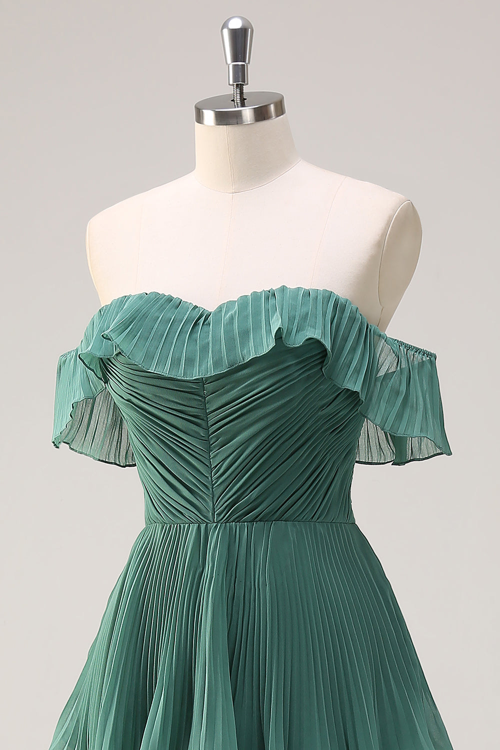 Eucalyptus A-Line Off The Shoulder Tiered Pleated Floor Length Bridesmaid Dress