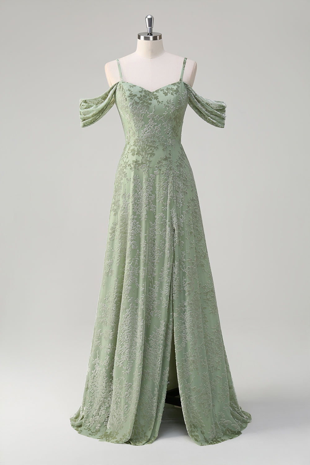 Dusty Sage A Line Cold Shoulder Burnout Velvet Floor Length Dress with Slit