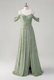 Dusty Sage A Line Cold Shoulder Burnout Velvet Floor Length Dress with Slit