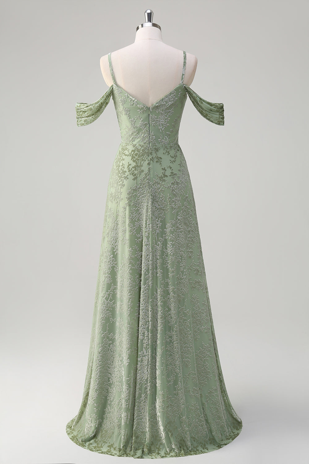 Dusty Sage A Line Cold Shoulder Burnout Velvet Floor Length Dress with Slit
