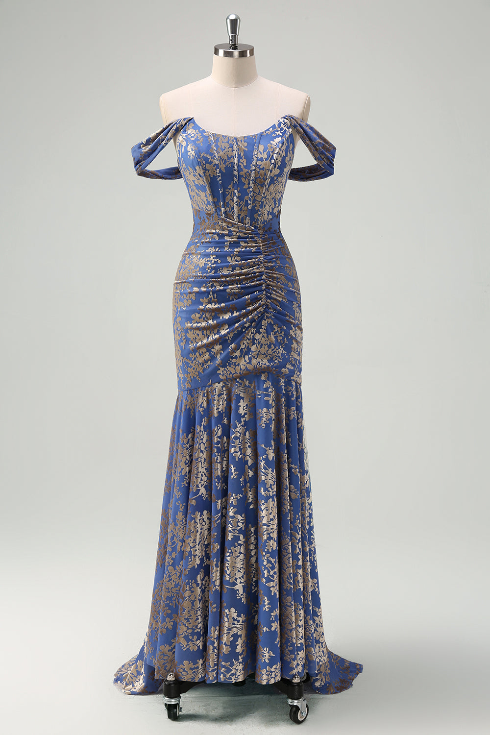 Grey Blue Mermaid Off the Shoulder Corset Long Burnout Velvet Dress