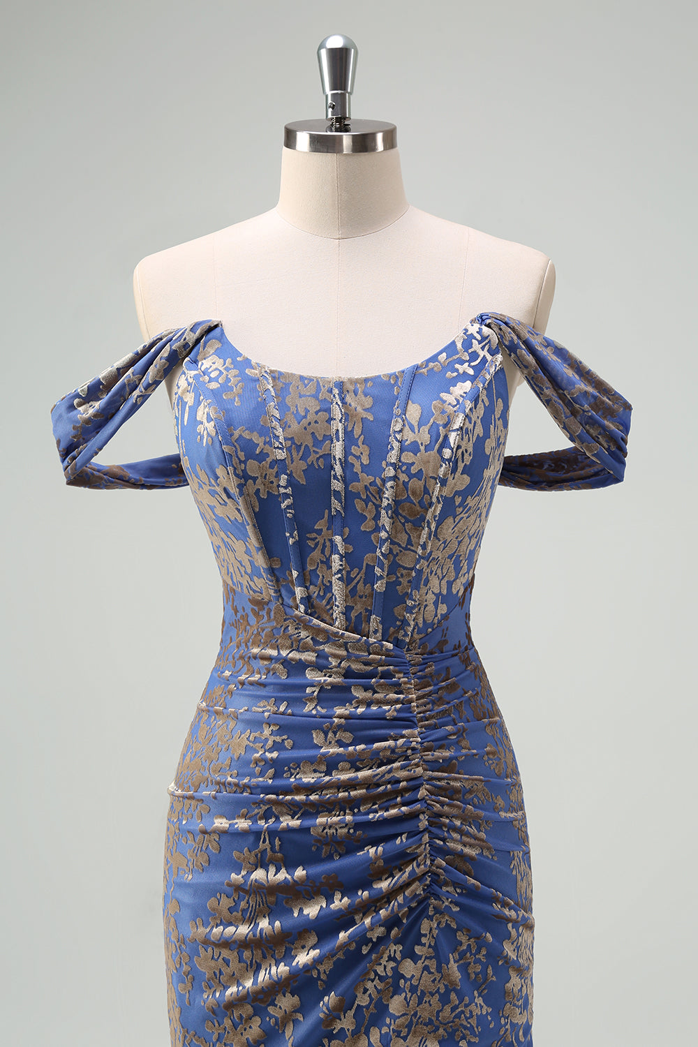 Grey Blue Mermaid Off the Shoulder Corset Long Burnout Velvet Dress