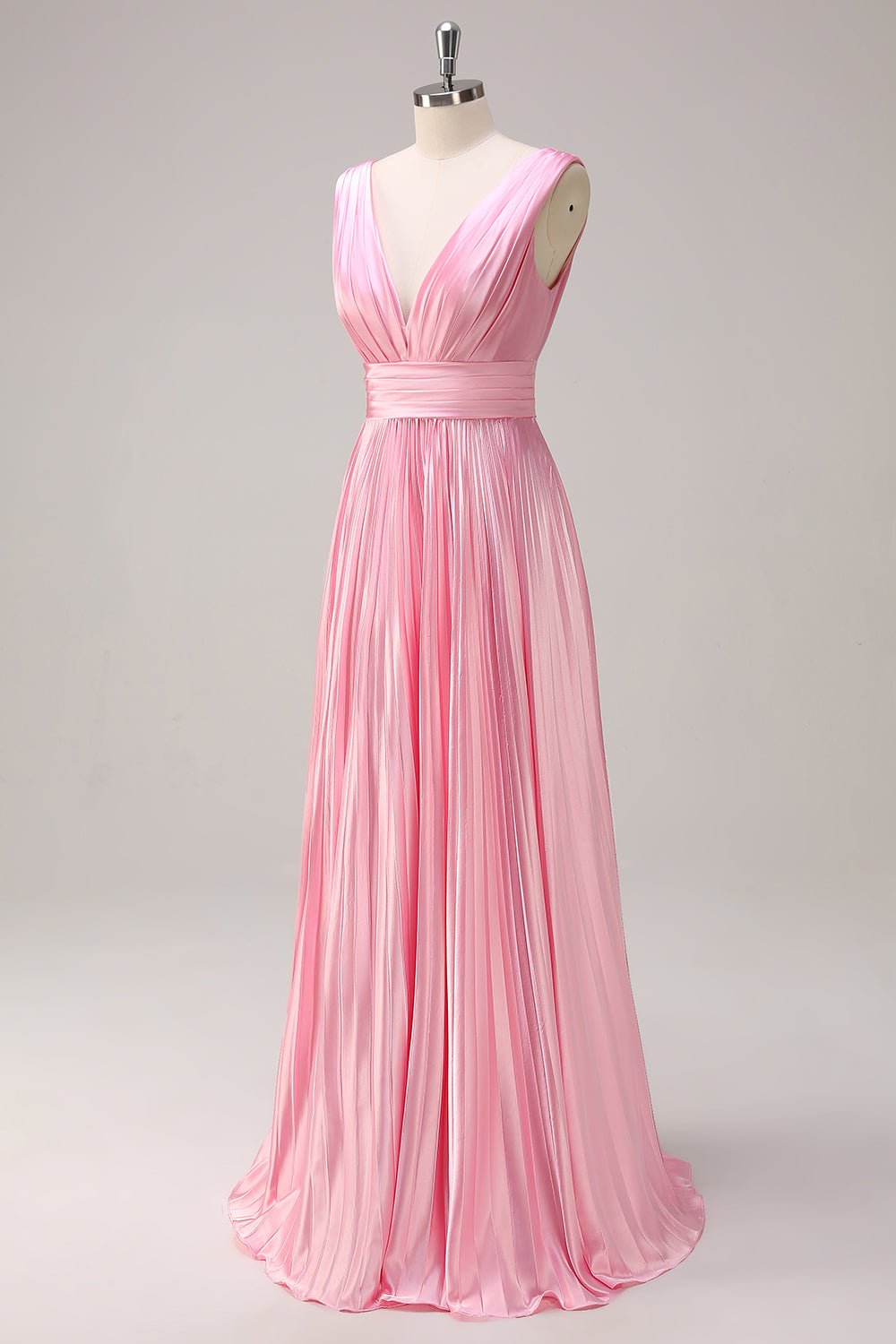 Pink A Line V Neck Ruched Open Back Bright Satin Long Bridesmaid Dress