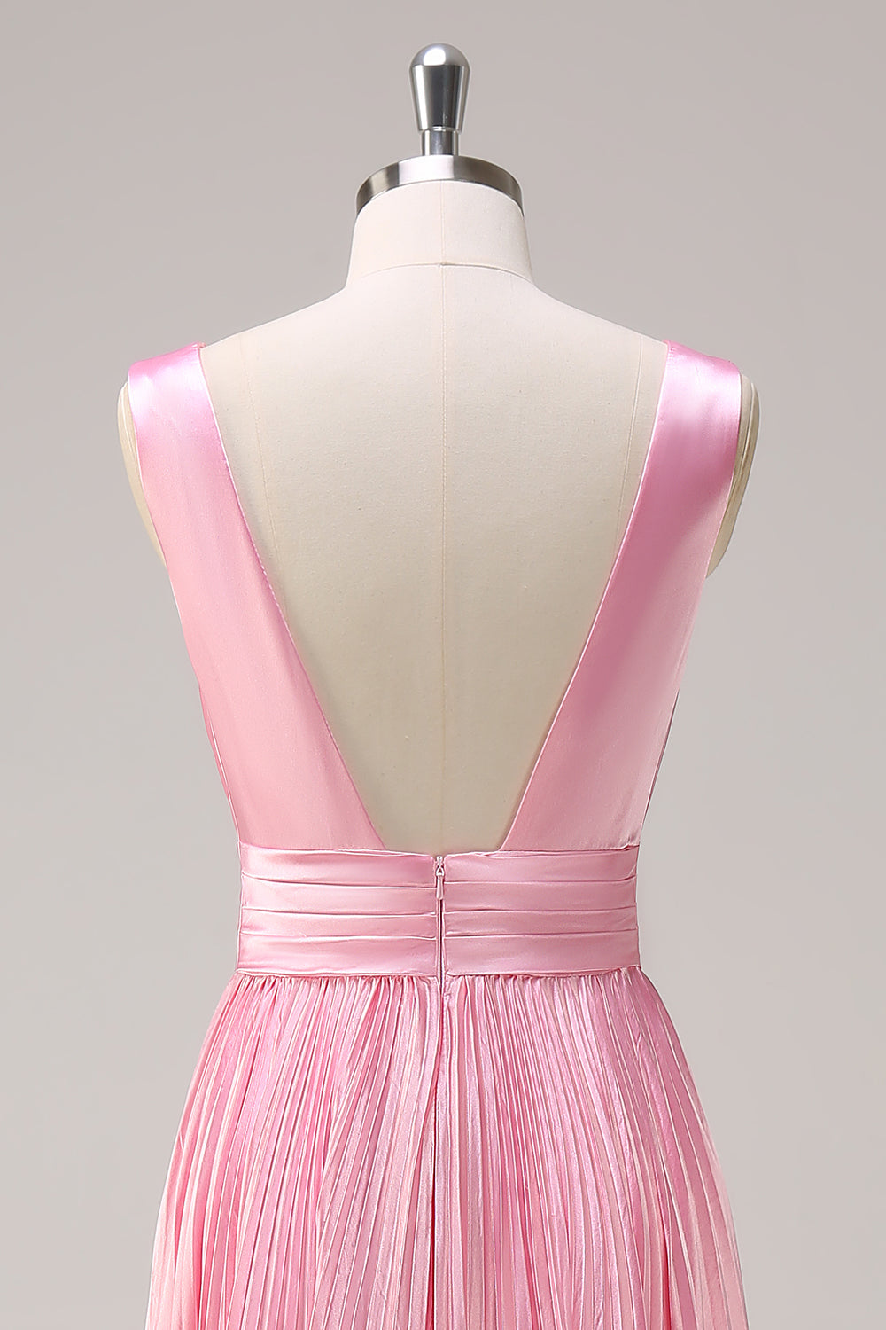 Pink A Line V Neck Ruched Open Back Bright Satin Long Bridesmaid Dress