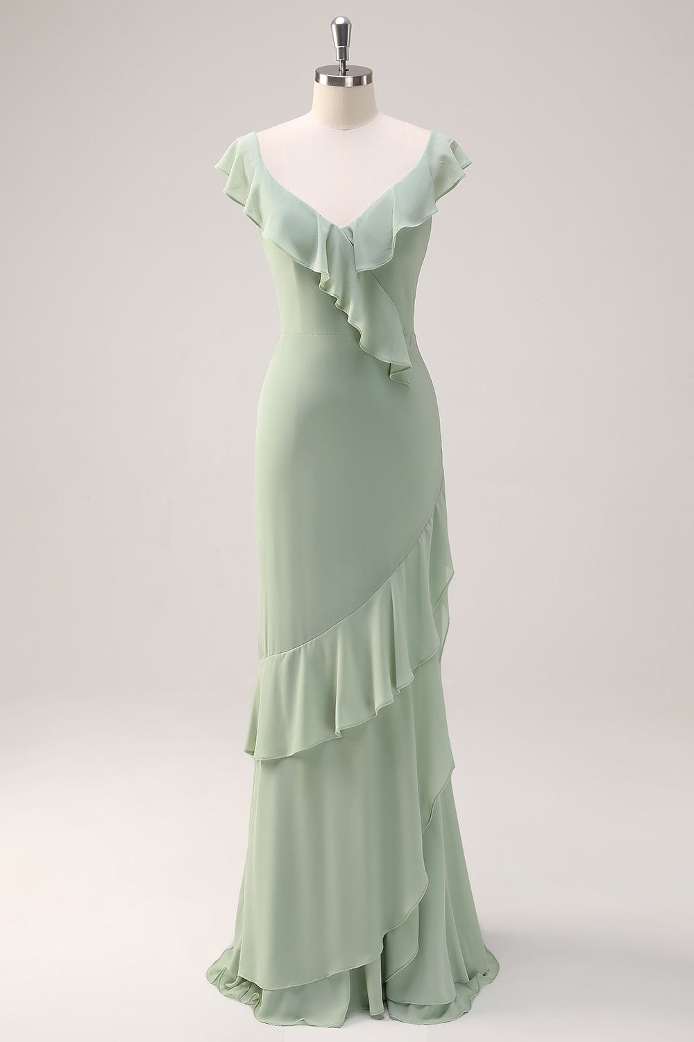 Dusty Sage Sheath V Neck Chiffon Long Bridesmaid Dress with Ruffles