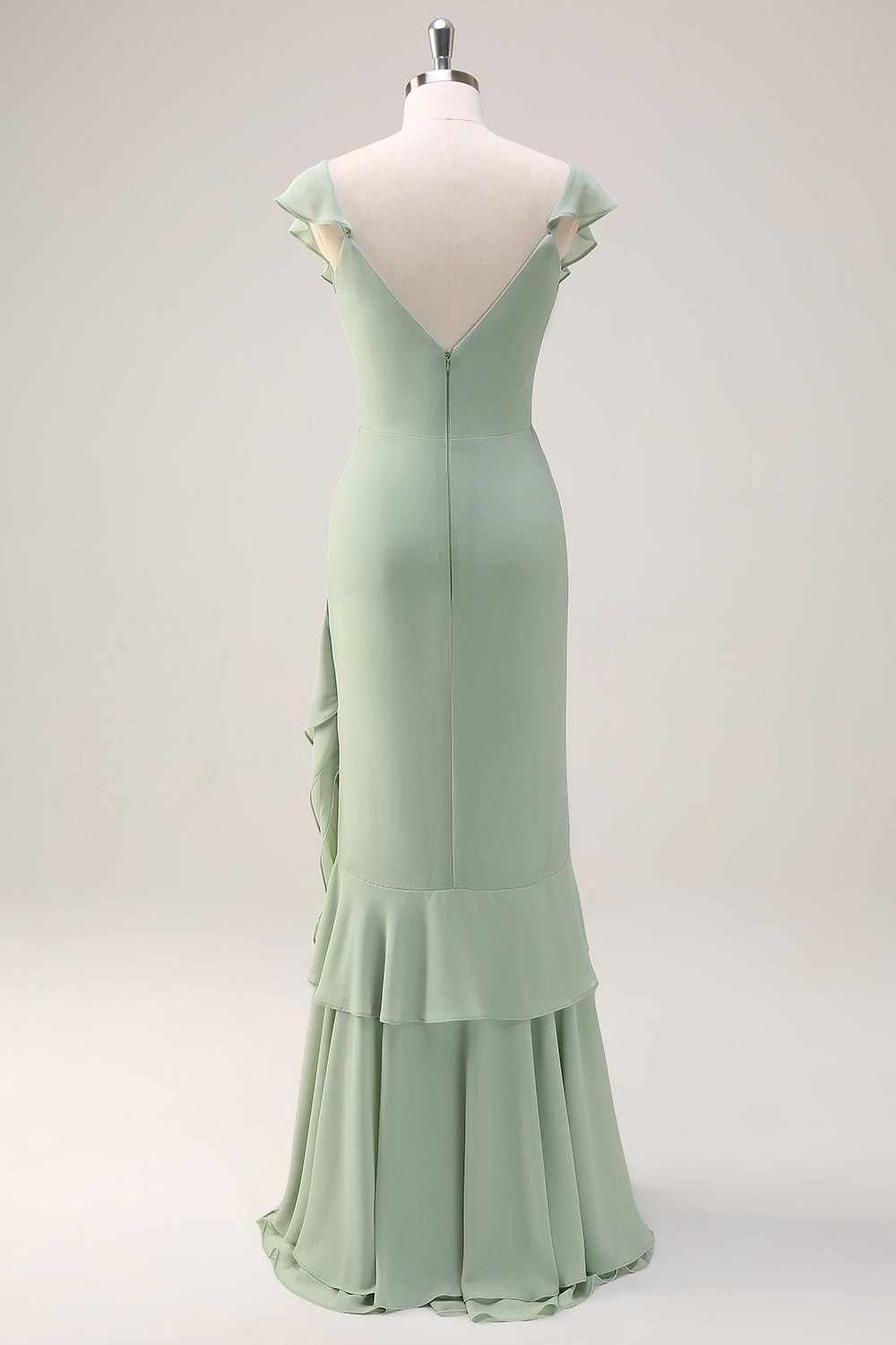Dusty Sage Sheath V Neck Chiffon Long Bridesmaid Dress with Ruffles