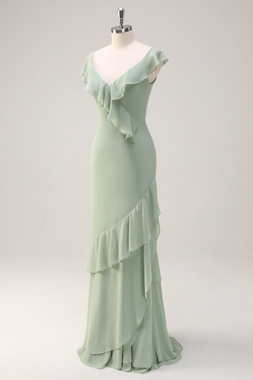 Dusty Sage Sheath V Neck Chiffon Long Bridesmaid Dress with Ruffles