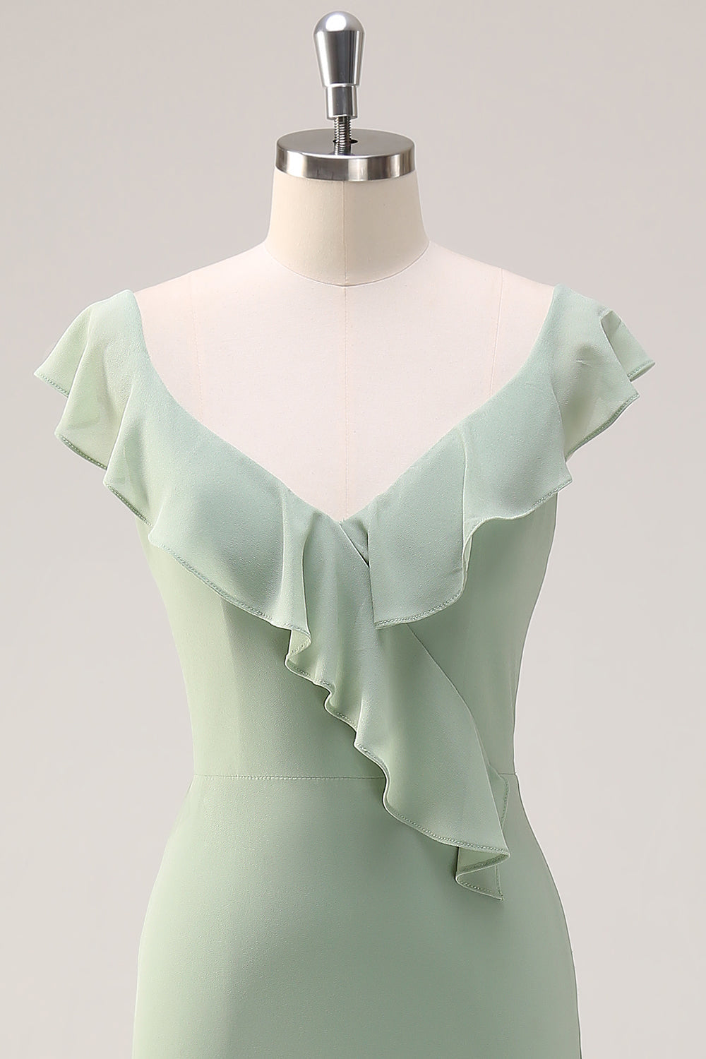 Dusty Sage Sheath V Neck Chiffon Long Bridesmaid Dress with Ruffles