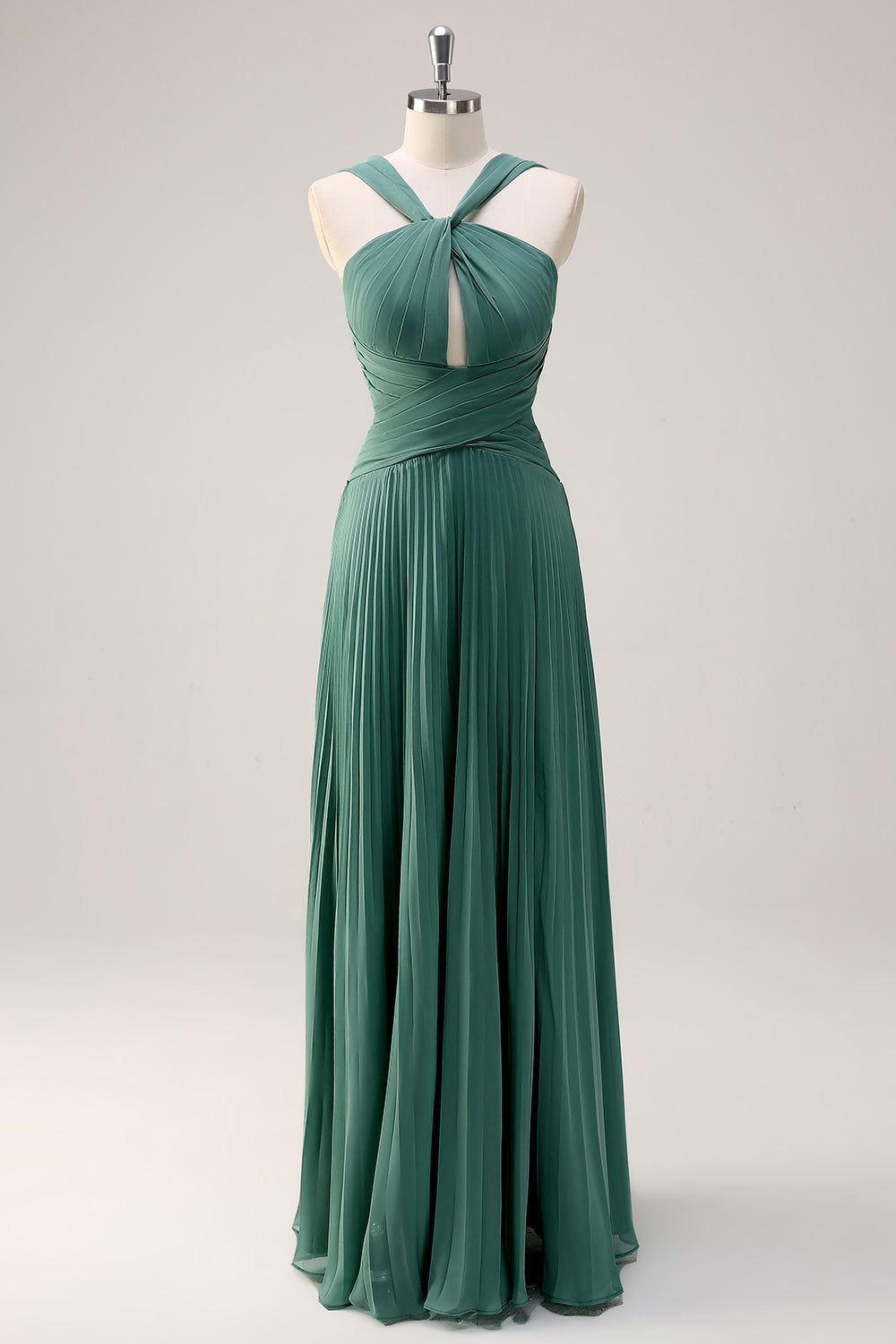 Eucalyptus A-Line Hollow Out Pleated Floor Length Bridesmaid Dress with Slit