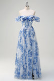 White Blue Flower A-Line Off the Shoulder Long Prom Dress with Slit