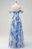 White Blue Floral Off the Shoulder A-Line Long Prom Dress with Slit