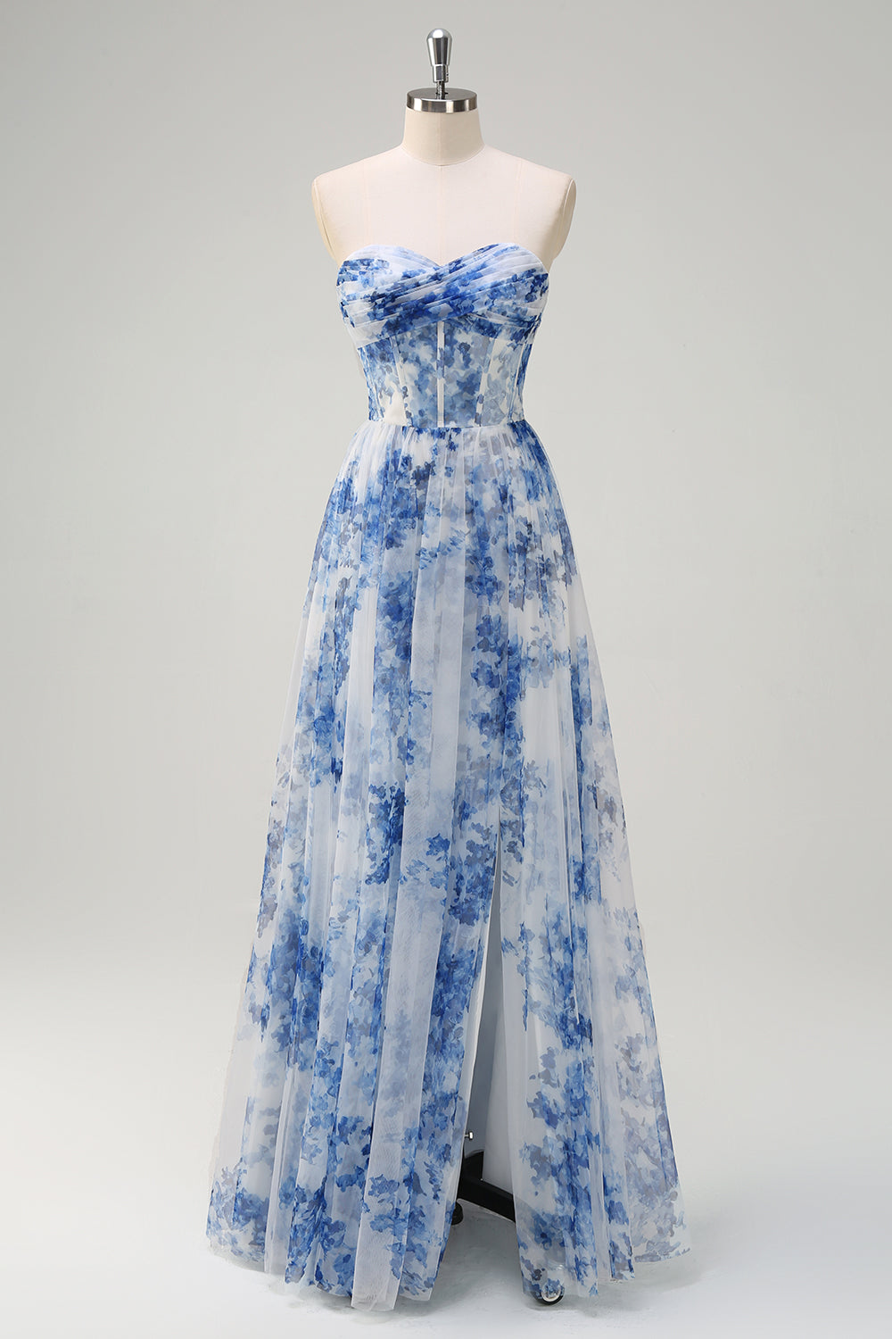 White Blue Floral Off the Shoulder A-Line Long Prom Dress with Slit