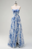 White Blue Floral Off the Shoulder A-Line Long Prom Dress with Slit