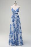 White Blue Flower A-Line Spaghetti Straps Pleated Long Prom Dress