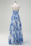 White Blue Flower A-Line Spaghetti Straps Pleated Long Prom Dress