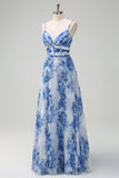 White Blue Flower A-Line Spaghetti Straps Pleated Long Prom Dress