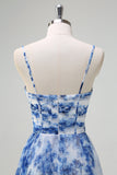 White Blue Flower A-Line Spaghetti Straps Pleated Long Prom Dress