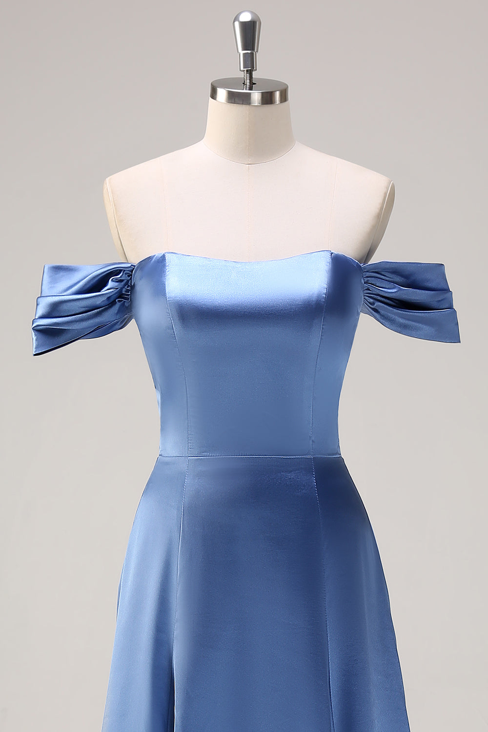 Dusty Blue A-Line Off The Shoulder Ruched Long Bridesmaid Dress
