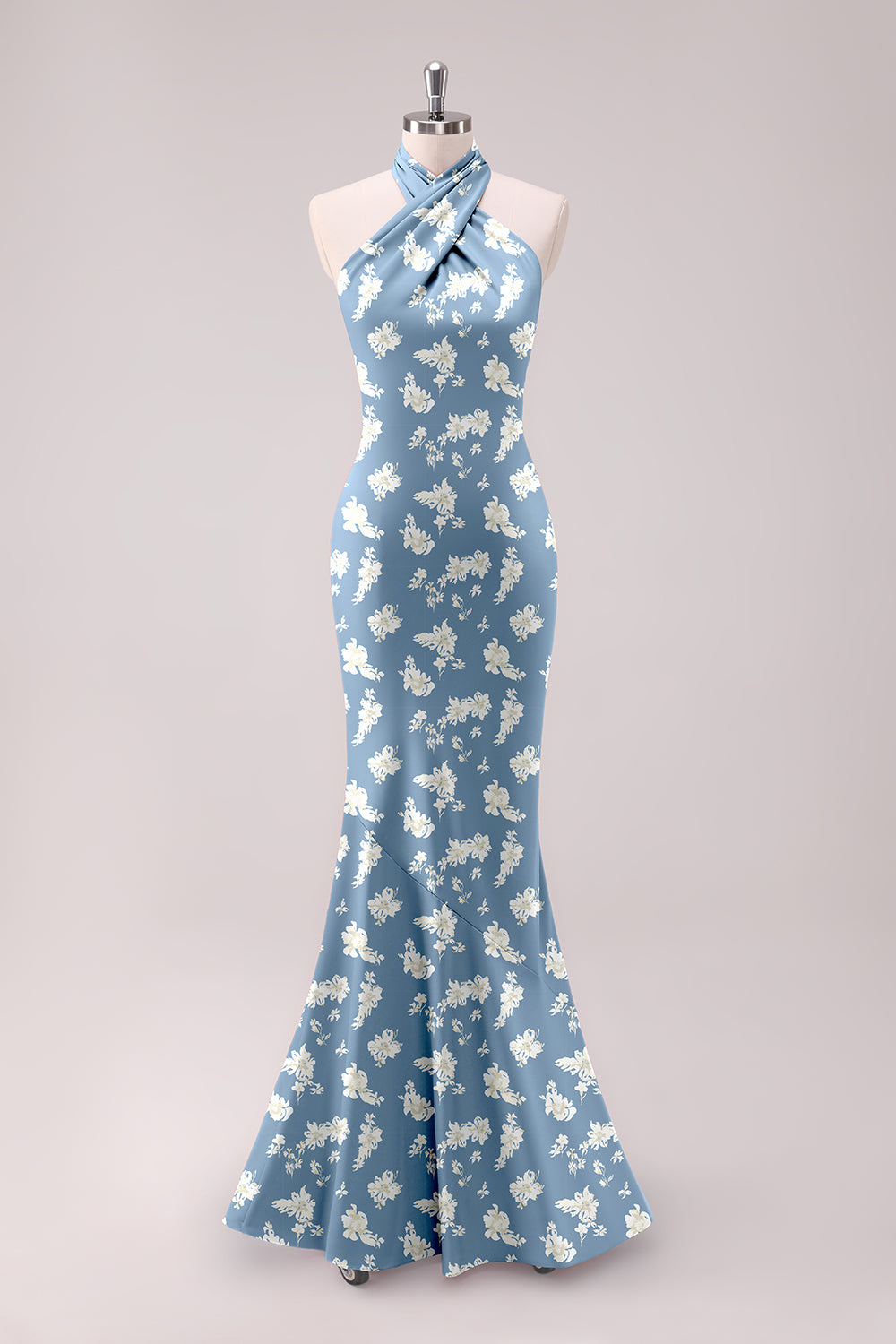 Sage White Flower Mermaid Halter Open Back Floor Length Satin Print Bridesmaid Dress